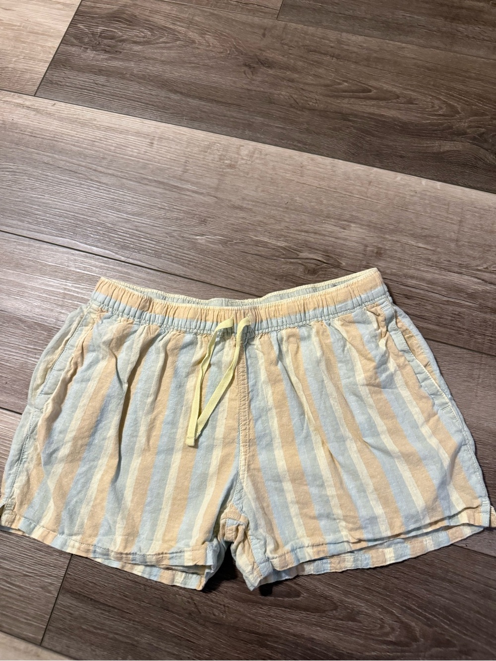 Patagonia Pastel Yellow & Light Blue Striped Drawstring Athletic Shorts